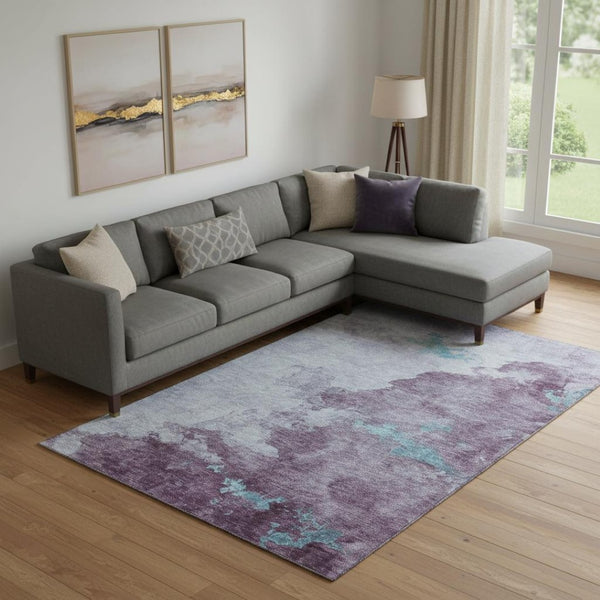 HomeRoots 10' Abstract Lavender and Teal Area Rug - Washable, UV-Protected, Non-Slip Backing for Modern Homes 718151