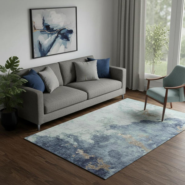 HomeRoots 8' Pale Aqua & Taupe Abstract Washable Rug - UV Protected, Durable for Kids & Pets, Easy Care Design 718154