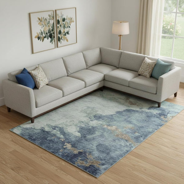 HomeRoots 10' X 14' Pale Aqua & Taupe Abstract Washable Area Rug - UV Protected, Stain Resistant, Stylish Comfort 718157