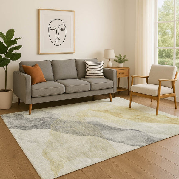 HomeRoots 5' X 8' Beige and Gray Abstract Area Rug - Washable, Stain Resistant, UV Protected for Modern Homes 718159