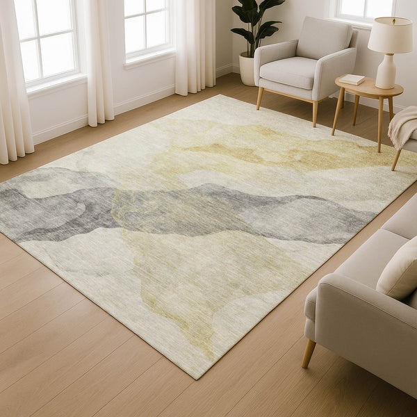 HomeRoots 5' X 8' Beige and Gray Abstract Area Rug - Washable, Stain Resistant, UV Protected for Modern Homes 718159