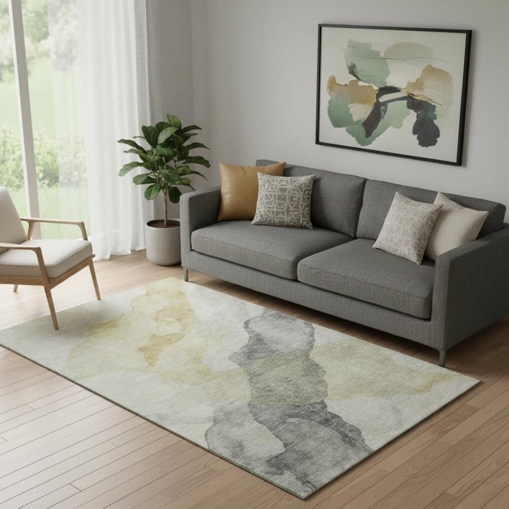 HomeRoots 8' Beige and Gray Abstract Round Rug - Washable, UV Protected, Durable for Active Homes & Patios 718160