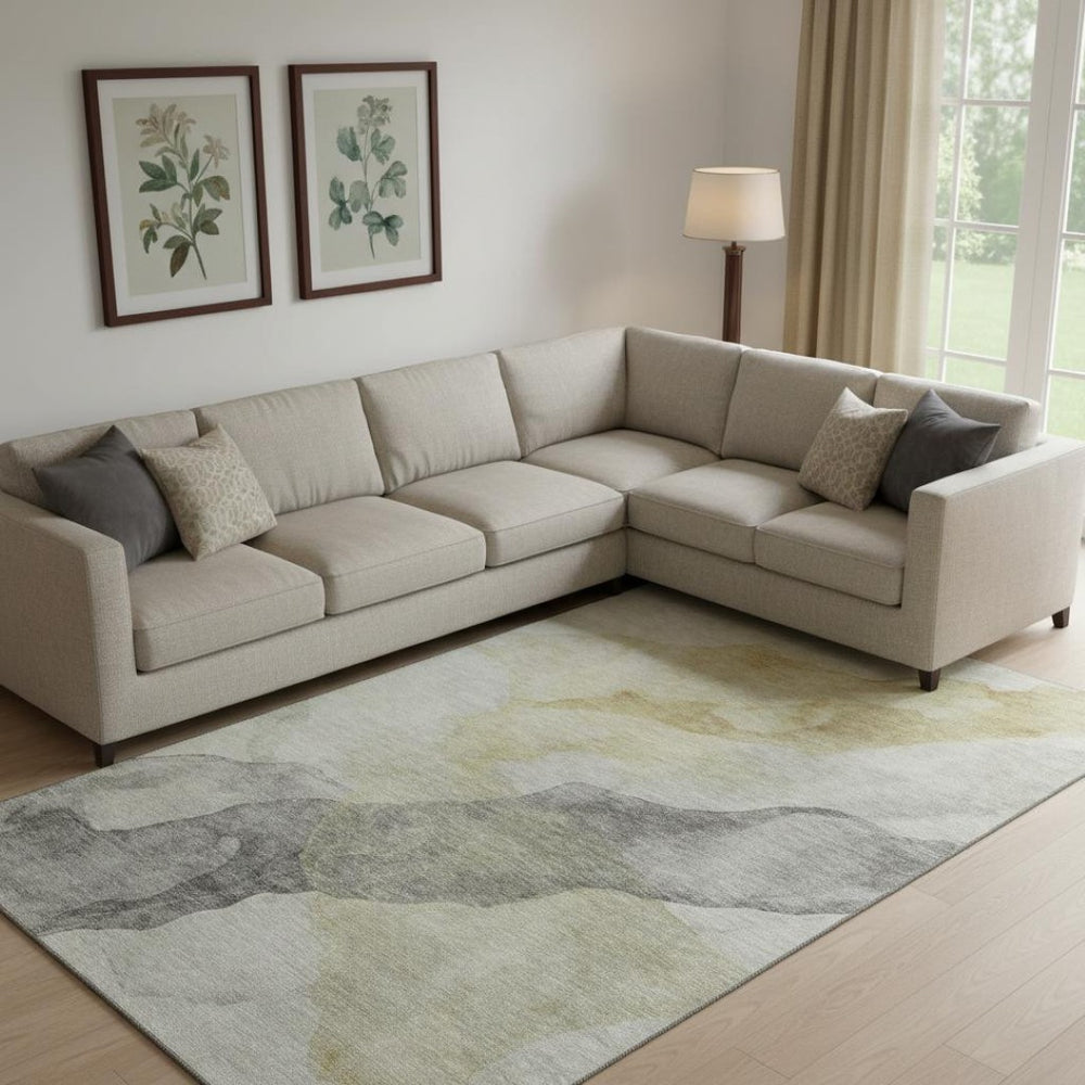 HomeRoots 9' X 12' Washable Beige and Gray Abstract Area Rug with UV Protection for Modern Living Spaces 718162