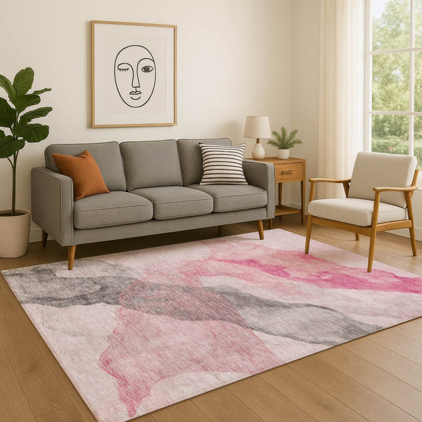 HomeRoots 8' Blush and Gray Abstract Round Rug - Washable, UV-Protected, Durable for High-Traffic Homes! 718166