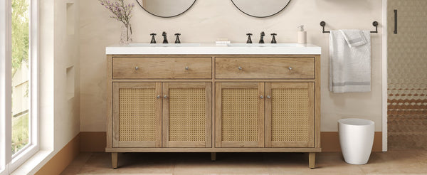 English Elm Christopher Knight Home® - 60 Inch Bathroom Vanity with Double Sinks SMC, Rattan Doors, Soft-Close Drawers, Stable Pine Legs Wood N817P296140N