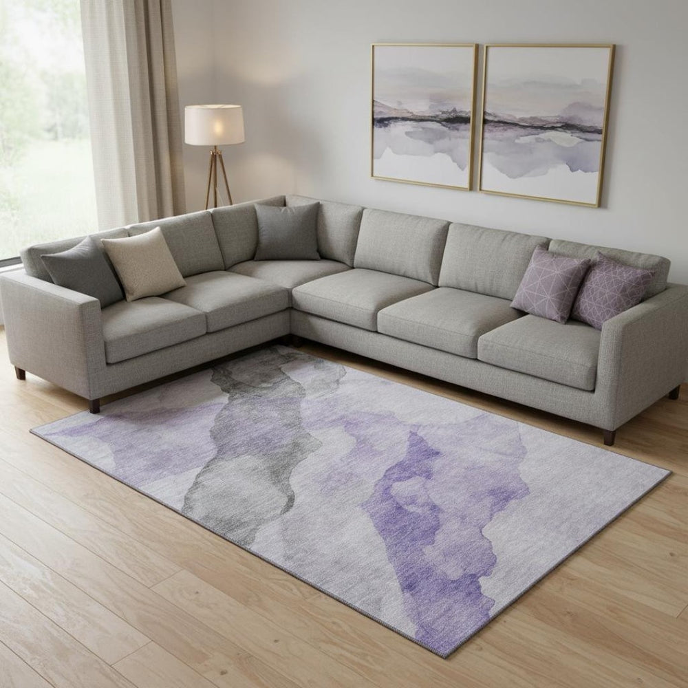 HomeRoots 9' X 12' Modern Lavender and Gray Abstract Area Rug - Washable, UV-Resistant, Non-Slip Design 718174
