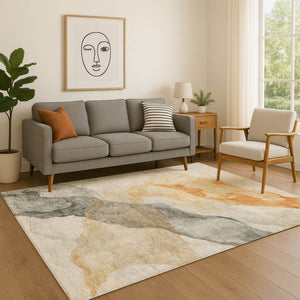 HomeRoots 8' Bold Orange and Gray Abstract Washable Round Rug - UV Protected, Stylish, and Easy Care Solution 718178