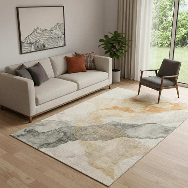 HomeRoots 8' Bold Orange and Gray Abstract Washable Round Rug - UV Protected, Stylish, and Easy Care Solution 718178