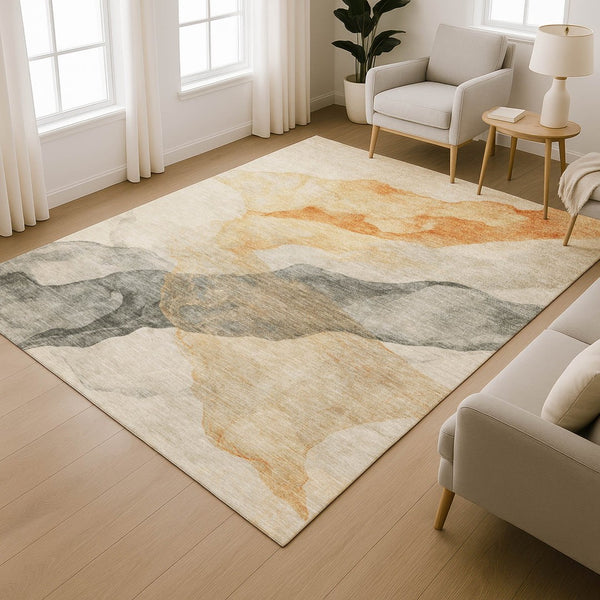 HomeRoots 8' Bold Orange and Gray Abstract Washable Round Rug - UV Protected, Stylish, and Easy Care Solution 718178