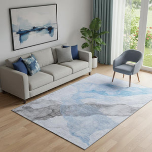 HomeRoots 8' Sky Blue & Gray Abstract Washable Round Rug - Durable, UV Protected, Perfect for Homes with Kids & Pets 718184
