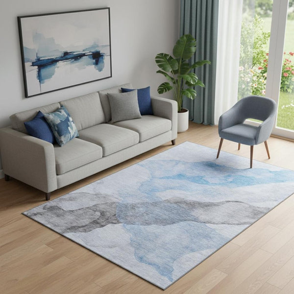 HomeRoots 8' Sky Blue & Gray Abstract Washable Round Rug - Durable, UV Protected, Perfect for Homes with Kids & Pets 718184
