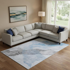 HomeRoots 9' X 12' Sky Blue & Gray Abstract Washable Area Rug with UV Protection for Modern Homes & Decor 718186