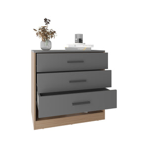 English Elm Alder 27" High Three Drawer Dresser with Open Shelf — Compact Matte Gray & Oak Accent Storage Piece B070P337064