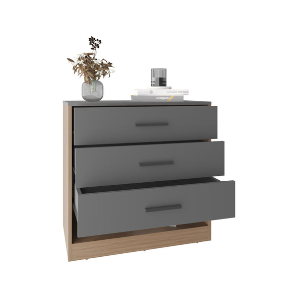 English Elm Alder 27" High Three Drawer Dresser with Open Shelf — Compact Matte Gray & Oak Accent Storage Piece B070P337064