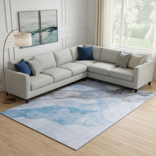 HomeRoots 10' X 14' Sky Blue & Gray Abstract Washable Area Rug - UV Protected, Durable & Stylish Design 718187