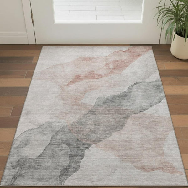 HomeRoots 5' X 8' Salmon and Gray Abstract Area Rug - Washable, Stain Resistant, UV Protected, Non-Slip Backing 718189