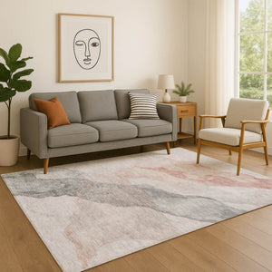HomeRoots 9' X 12' Salmon and Gray Abstract Washable Area Rug with UV Protection for Modern Living Spaces 718192