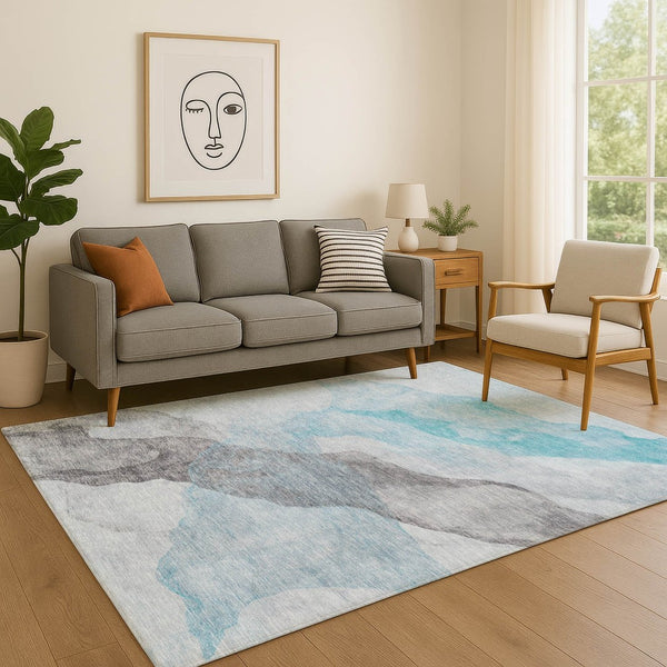 HomeRoots 5' X 8' Teal and Gray Abstract Area Rug - Washable, UV Protected, Perfect for Kids and Pets! 718195