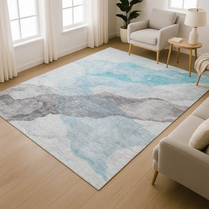 HomeRoots 5' X 8' Teal and Gray Abstract Area Rug - Washable, UV Protected, Perfect for Kids and Pets! 718195