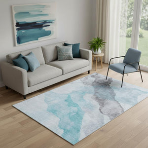 HomeRoots 8' Teal and Gray Abstract Washable Round Rug – Durable, Stain-Resistant, UV Protected for High-Traffic Areas 718196