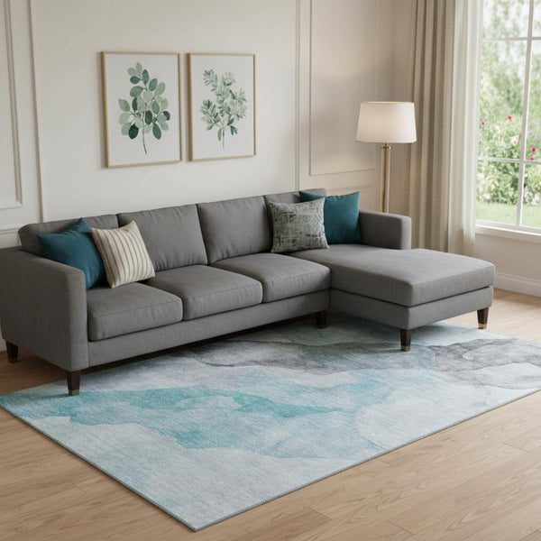 HomeRoots 9' X 12' Teal And Gray Abstract Area Rug – Washable, UV-Protected, Durable for High-Traffic Spaces 718198
