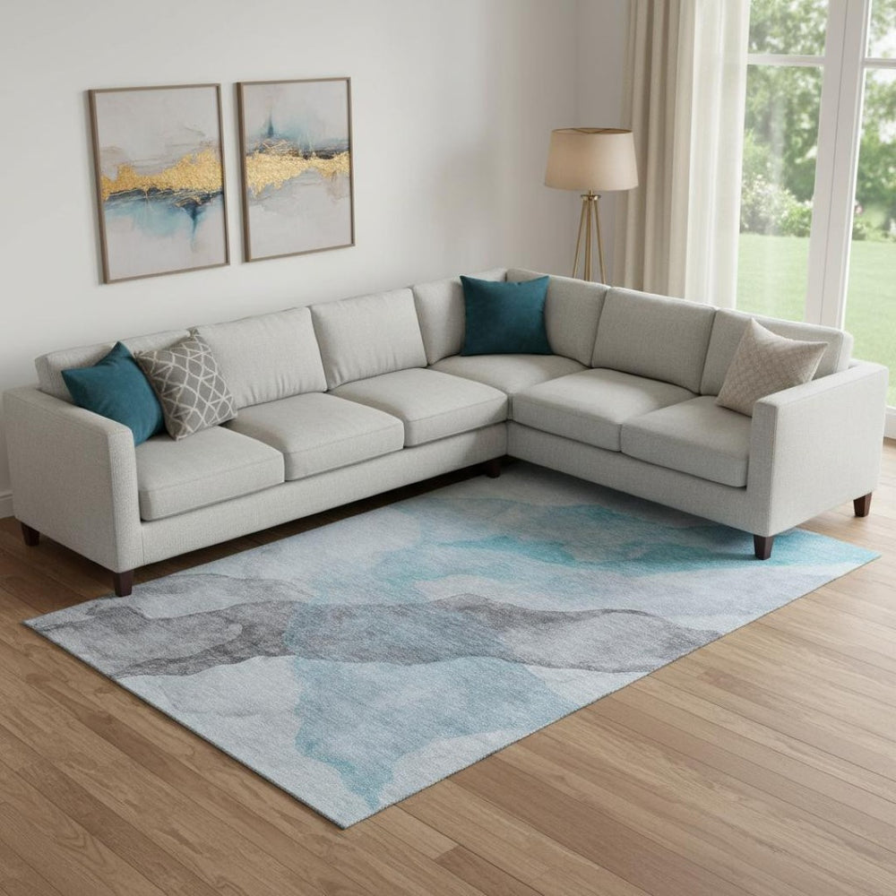 HomeRoots 10' X 14' Teal & Gray Abstract Area Rug – Washable, UV-Protected, Durable Design for Busy Homes 718199