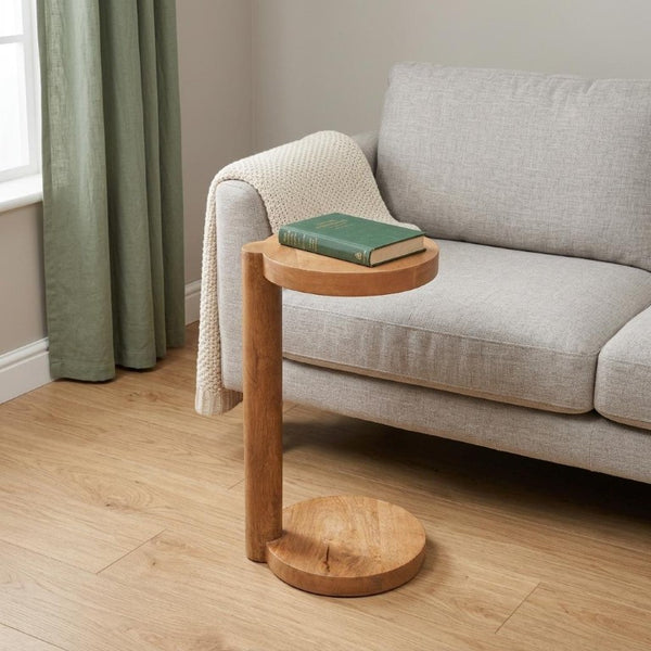 24 Inch Solid Wood Round End Table with Distressed Natural Finish for Living Room