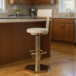 HomeRoots 26" Elegant White Linen Swivel Bar Chair with Gold Steel Base - Modern Comfort for Dining Spaces 718208