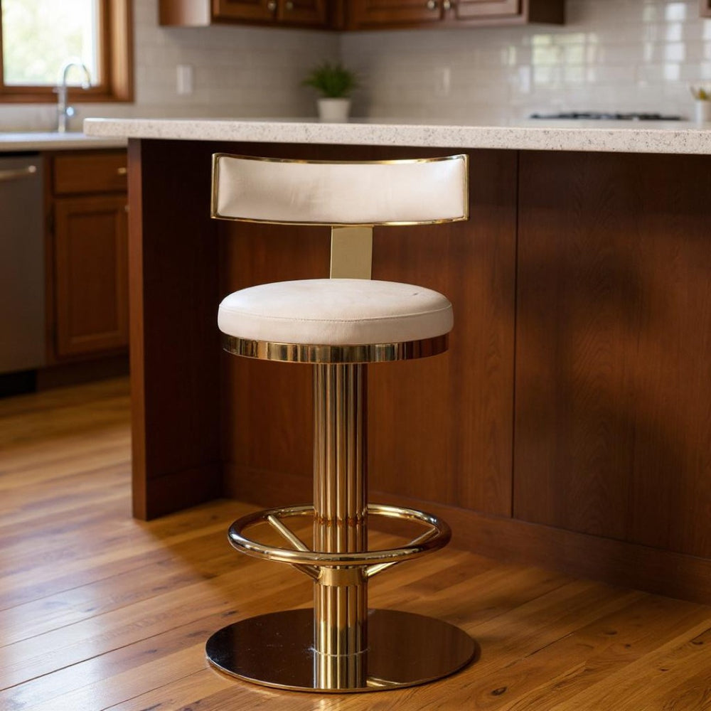 HomeRoots 26" Modern White Linen Swivel Bar Chair with Black Steel Base - Stylish & Comfortable Seating Solution 718209