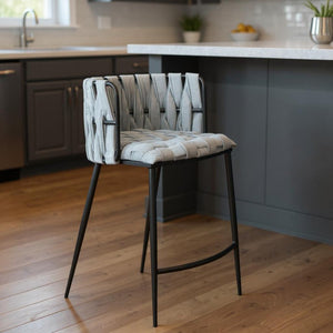 HomeRoots 27" Stylish Gray Fabric and Faux Leather Low Back Bar Chair with Metal Frame for Modern Spaces 718215