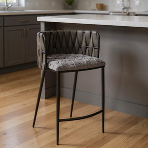 HomeRoots 27" Stylish Gray and Off-White Faux Leather Bar Chair with Metal Base for Modern Kitchen Spaces 718216