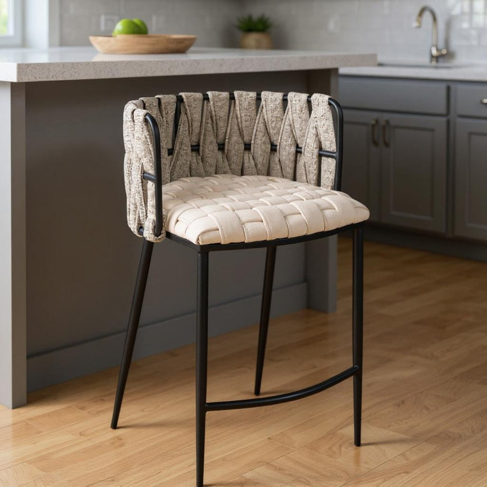 HomeRoots 27" Elegant Beige Faux Leather Low Back Bar Chair with Gold Steel Base - Modern Comfort & Style 718217