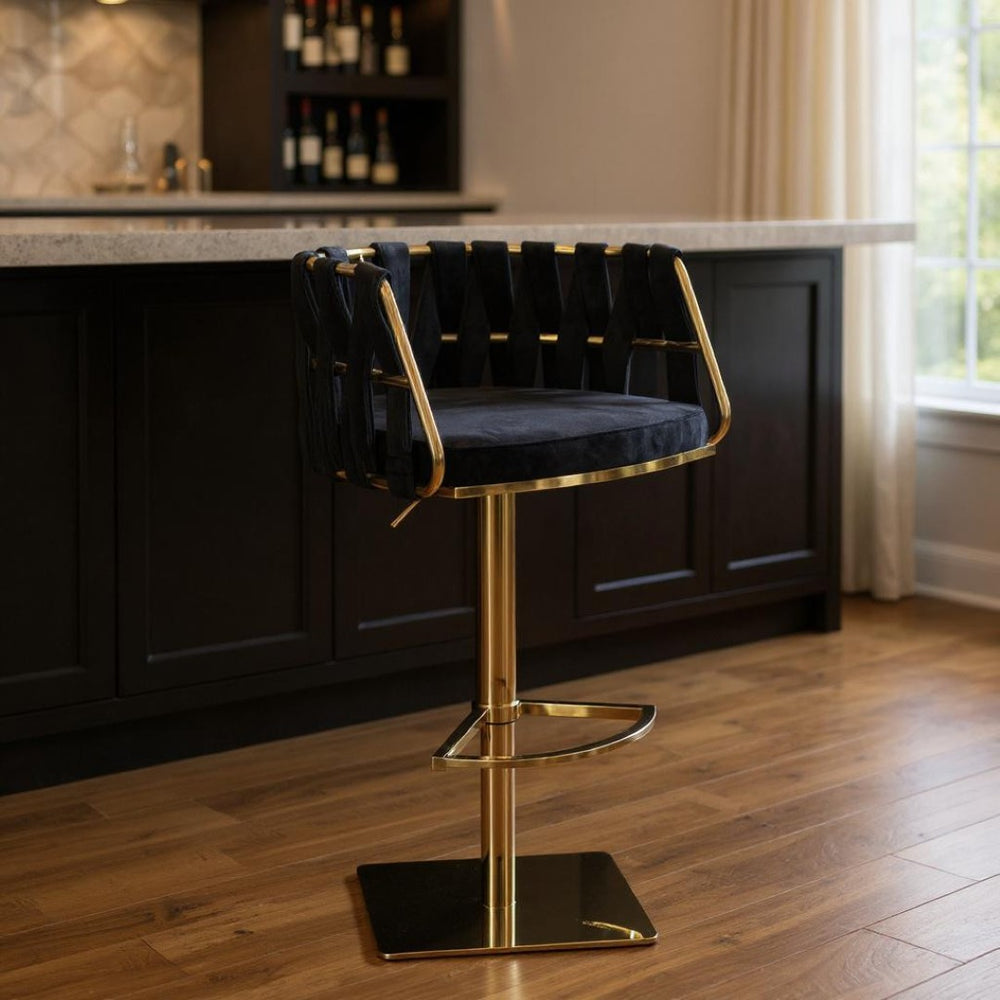 HomeRoots Black Velvet and Silver Steel Adjustable Height Swivel Bar Chair – Modern Comfort for Your Space 718225