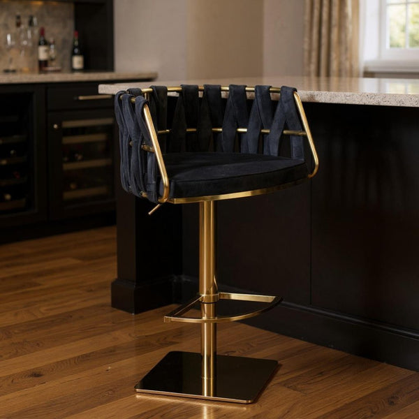 HomeRoots Black Velvet and Silver Steel Adjustable Height Swivel Bar Chair – Modern Comfort for Your Space 718225