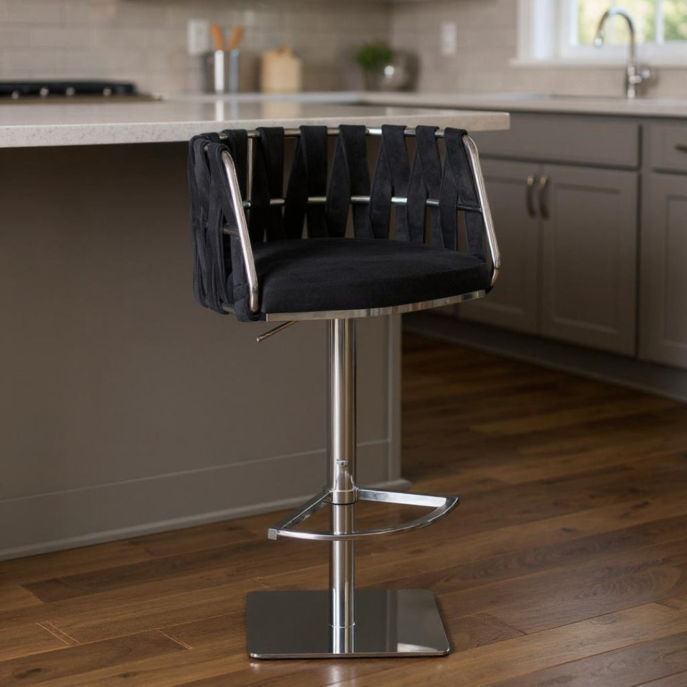 HomeRoots 26" Stylish Blue & Gold Faux Leather Low Back Counter Height Bar Chair with Adjustable Swivel Seat 718226