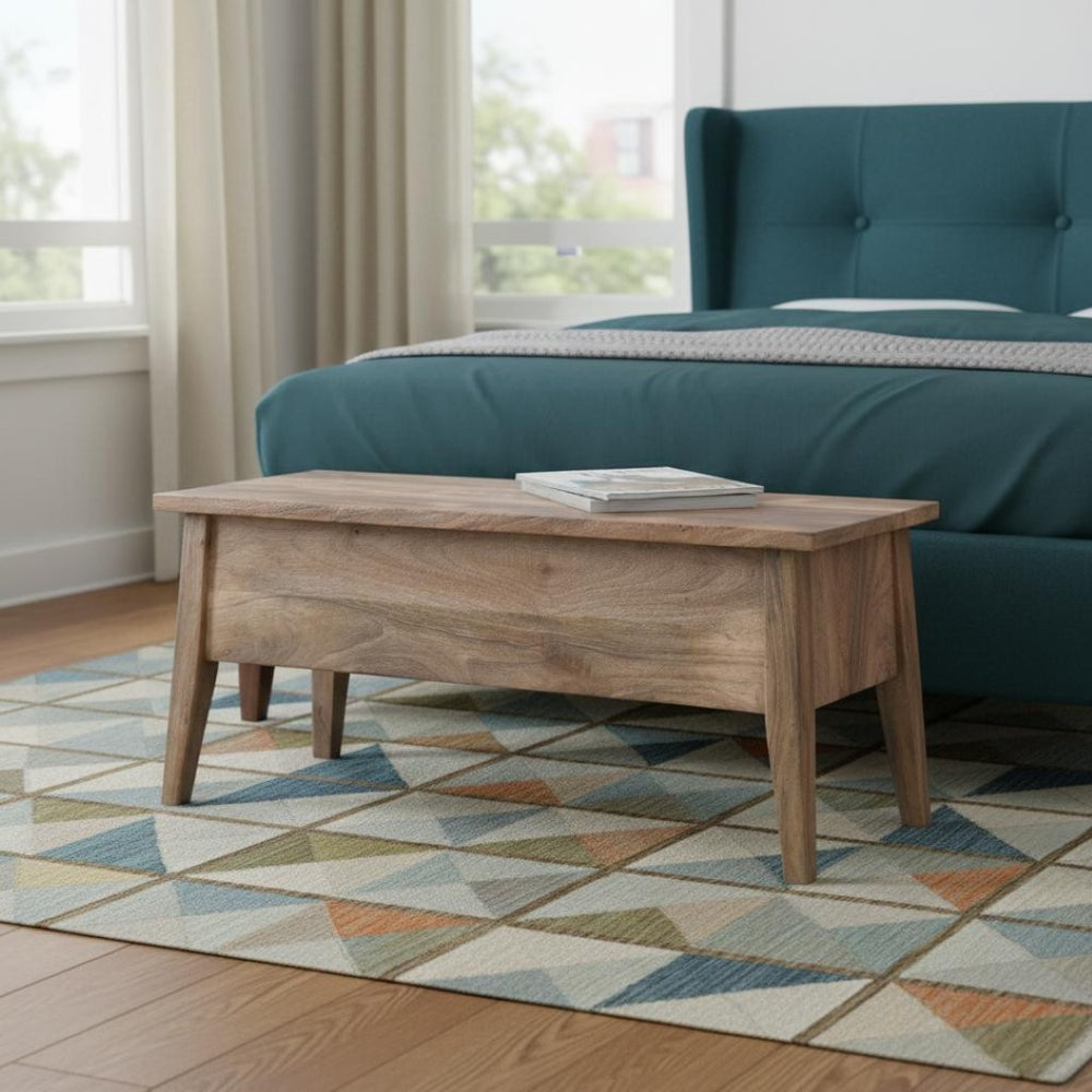 HomeRoots 35" Brown Solid Wood Storage Bench - Mid-Century Stylish Seating with Hidden Compartment & Comfort 718233