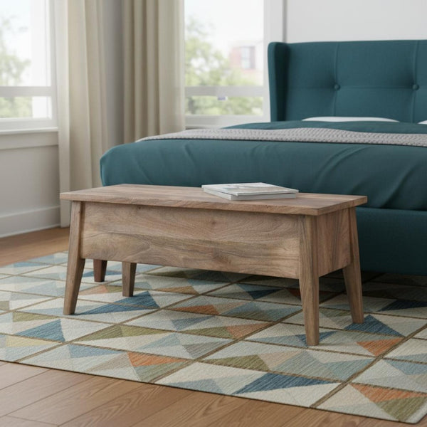 HomeRoots 35" Brown Solid Wood Storage Bench - Mid-Century Stylish Seating with Hidden Compartment & Comfort 718233