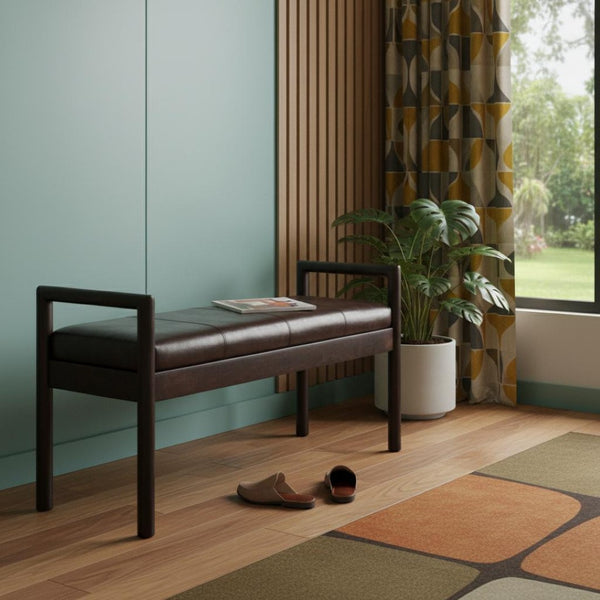 HomeRoots 35" Brown Solid Wood Storage Bench - Stylish Mid-Century Seating with Hidden Cabinet for Small Spaces 718239