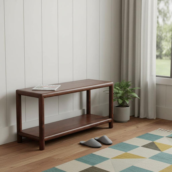 HomeRoots 35" Brown Solid Wood Storage Bench - Stylish Entryway Seating with Shoe Organization & Backrest 718250