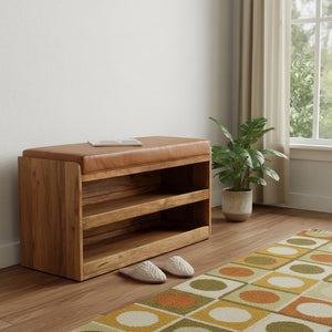 HomeRoots 35" Stylish Brown Solid Wood Storage Bench with Shoe Organizer for Entryways and Mudrooms 718252