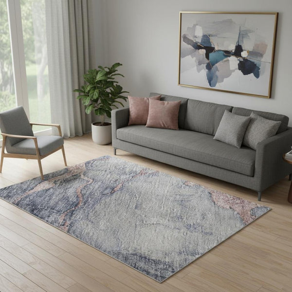 HomeRoots 8' Blush and Gray Abstract Washable Round Rug – UV Protected, Easy-Care, Modern Design for Homes 718259