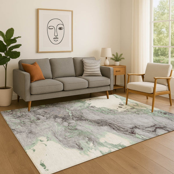 HomeRoots 9' X 12' Green and Gray Abstract Area Rug - Washable, UV-Protected, Durable for Homes with Kids & Pets 718267