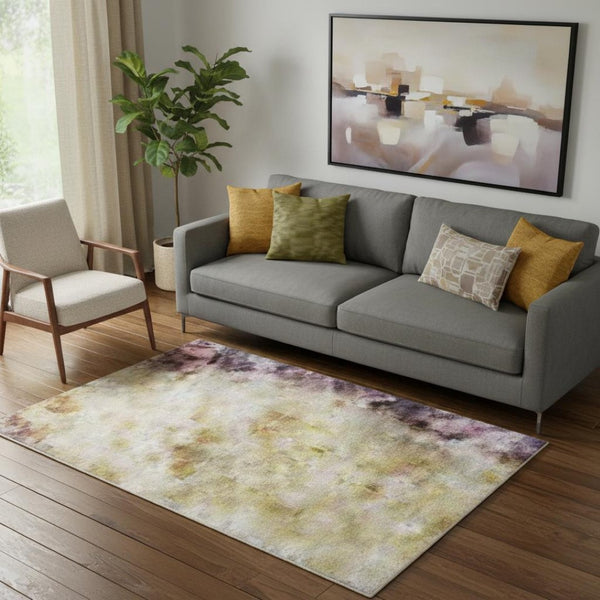 HomeRoots 8' Purple and Gold Abstract Washable Round Rug - Stain Resistant, UV Protected, Stylish & Durable 718271
