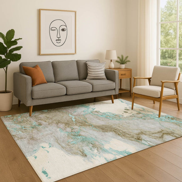 HomeRoots 5' X 8' Teal and Brown Abstract Area Rug - Durable, Washable, UV Protected for Homes with Kids & Pets 718276