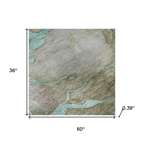 HomeRoots 5' X 8' Teal and Brown Abstract Area Rug - Durable, Washable, UV Protected for Homes with Kids & Pets 718276