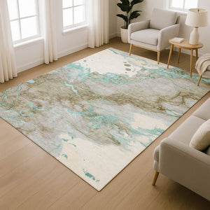 HomeRoots 5' X 8' Teal and Brown Abstract Area Rug - Durable, Washable, UV Protected for Homes with Kids & Pets 718276