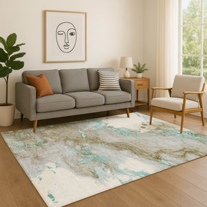 HomeRoots 8' Teal and Brown Abstract Round Rug - Washable, UV Protected, Durable for High-Traffic Areas 718277