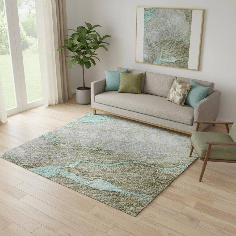 HomeRoots 8' Teal and Brown Abstract Round Rug - Washable, UV Protected, Durable for High-Traffic Areas 718277