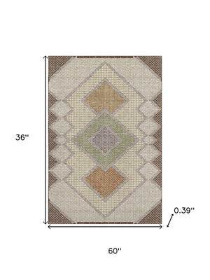 HomeRoots 5' X 8' Brown and Copper Geometric Area Rug - Washable, UV-Protected, Durable Style for Homes 718282