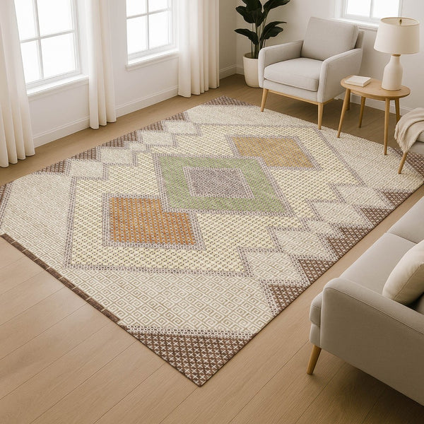 HomeRoots 8' Brown and Copper Geometric Washable Round Rug - UV Protection, Stain Resistant, Modern Style 718283